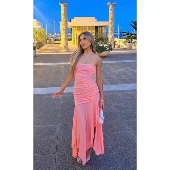 HOUSE OF CB Ivana Gathered Asymmetric Dress in Apricot Size Large - Picture 11 of 14